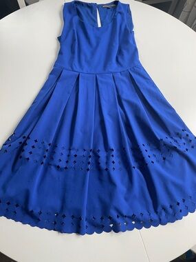 Brixon Ivy Royal Blue Sleeveless Fit-and-Flare Midi Dress with Laser-Cut Hem
